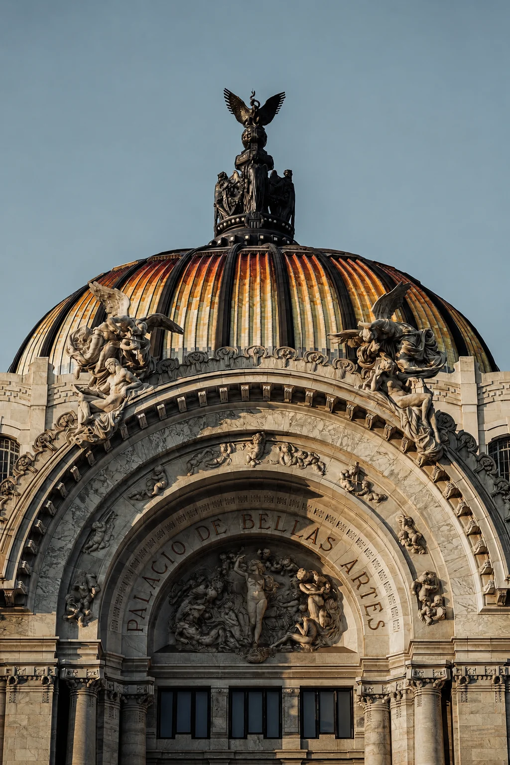The ornate façade and domed roof of Palacio de Bellas Artes in Mexico City