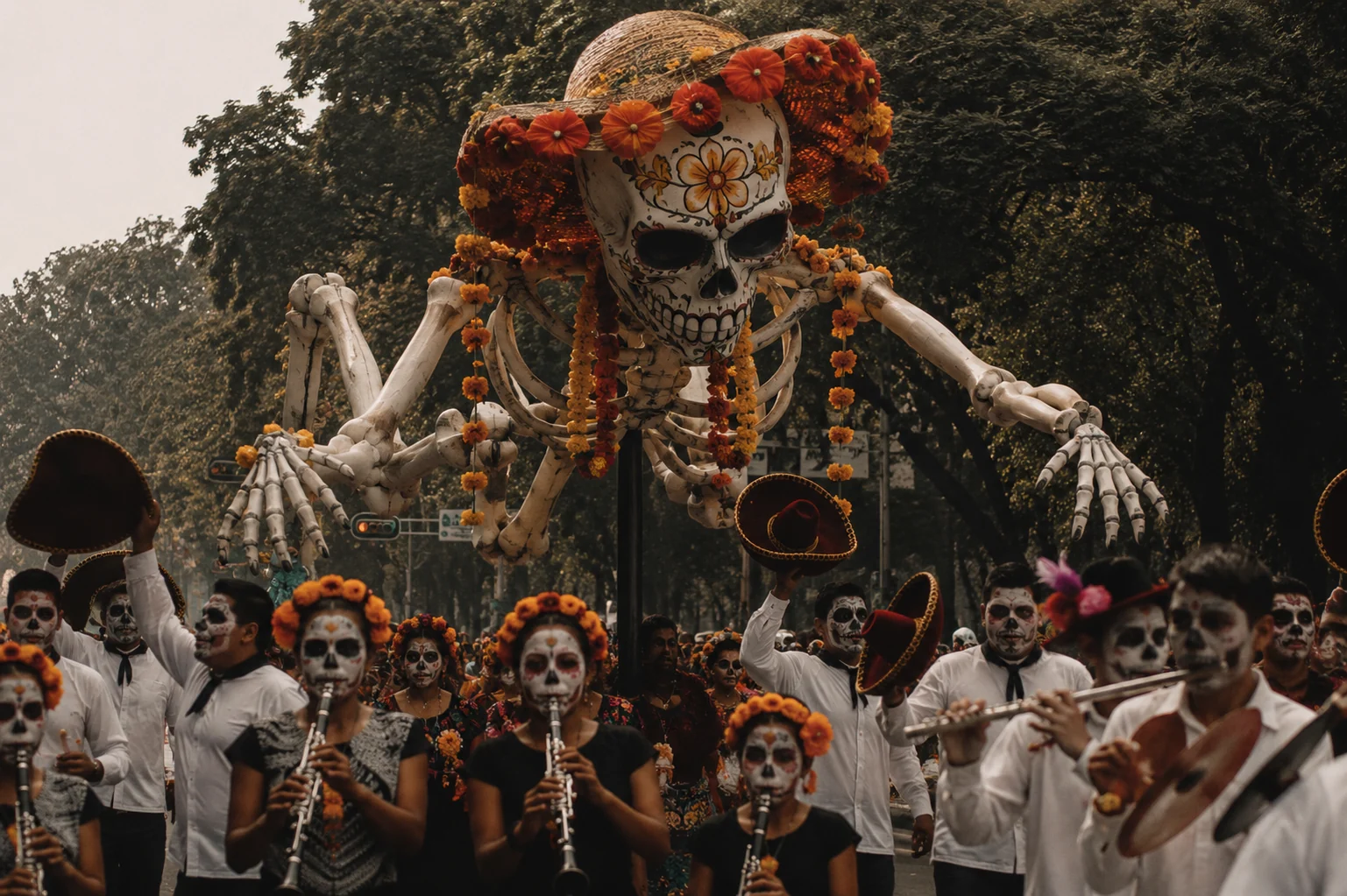 Día de Muertos parade in Mexico City with musicians, marigolds and a monumental calavera